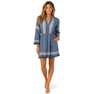 Lola Australia Batik Print Drawstring Boho Coastal Mini Dress Blue White Small